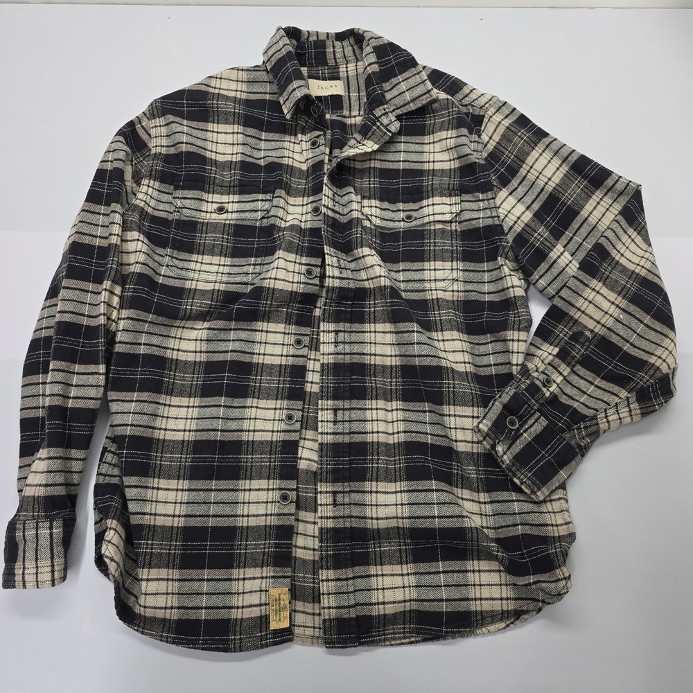 Jachs NY Mens‎ Large Black Cream Plaid Flannel Button Down Shirt Cotton L